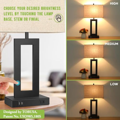 Set of 2 Touch Control Table Lamp with 2 USB Ports, 3-Way Dimmable Modern Nightstand Lamp Sets Bedside Touch Desk Lamp with Fabric Cream Shade For Bedroom Table Living Room Reading, Included Bulbs | 3 Way Dimmable, Touch Control, Fabric Cream Shade, E26 B