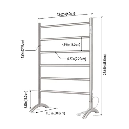 Freestanding Towel Warmer 6 Bars Plug-in Option 3 Working Modes Brushed Stainless Steel 24” W 34” H | 6 Bars, Stainless Steel,Plug-in Option, 3 Working Modes, 24" W 34" H, Freestanding & movable - color: Brushed