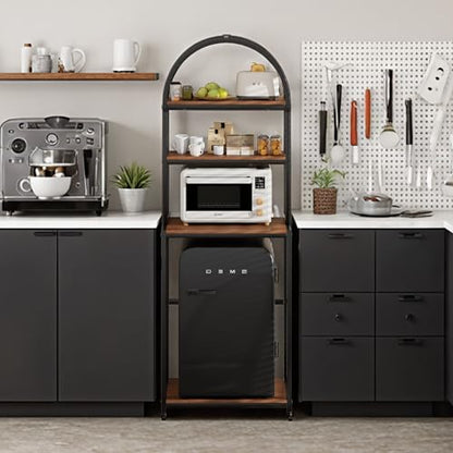 Arched Metal Mini Fridge Stand with Power Outlet and Wheels, Black | 4-Tier Microwave Organizer Stand and Mini Fridge Shelf with Storage for Kitchen, Dorm, Living Room and Small Space