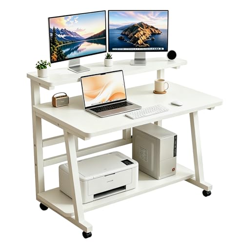47.2 Inch Compact Rolling Computer Desk with Tier Worktable & Lockable Wheels, Small Computer Desk, Small Desk for Bedroom, Mobile Writing Workstation Easy Assembly for Home Office Small Spaces - color: Frame：white/Board：white, size: 47.2“*19.7''