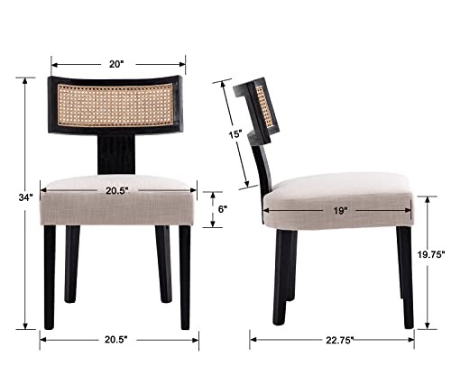 RIVOVA Rattan Dining Chairs Set of 4, Modern Dining Chair, Kitchen Dining Room Chair, Curved Cane Back Upholstered Linen Fabric Dining Chairs with Black Wood Frame, Beige - color: Beige Black Rattan