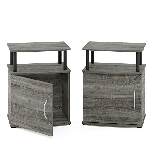 Furinno JAYA End Side Sofa Table/Nightstand with Door, 2-Pack, PVC Tubes, French Oak Grey/Black - color: French Oak/Black, size: 2-Pack