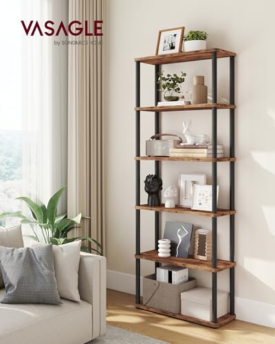 VASAGLE Superfast Toolless Assembly, 6-Tier Shelf for Living Room, Standing Shelf, Bookshelf, Bedroom, Kitchen, 9.4 x 23.6 x 68.3 Inches, Rustic Brown and Ink Black ULLS166K01 - color: Rustic Brown + Ink Black, size: 6 Tiers (23.6"W)