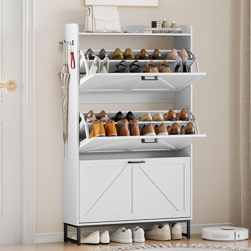 Wodeer Shoe Cabinet Storage for Entryway, Shoe Storage Cabinet with 3 Flip Drawers, Freestanding Narrow Shoe Rack Organizer with Metal Legs & Side Hook for Foyer, Hallway, White - color: White, style: 3 Drawers