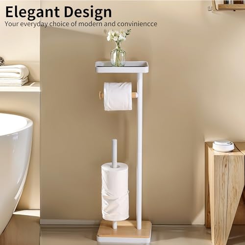 Clasin Home Toilet Paper Holder Stand, Free Standing Toilet Paper Holder with Storage and Top Shelf, White Toilet Paper Stand Weighted Base with Bamboo Design for Bathroom - color: White With Bamboo Base