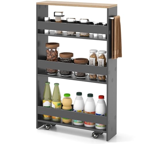 COSTWAY Slim Rolling Storage Cart, 4-Tier Rolling Utility Cart, Wood Kitchen Storage Cart with Handle & Wheels, Narrow Rolling Shelving Unit for Kitchen Bathroom Laundry Small Places (Grey) - color: Grey