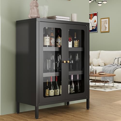 Small Display Cabinet with Glass Doors, 12" Deep Small Curio Showcase with Two Glass Doors, 23.6" Wide Metal Floor Storage Cabinet for Collectibles Books China for Entryway, Home Office, Living Room - color: Black-clear, size: 31.5"H x 23.6"W x 12"D