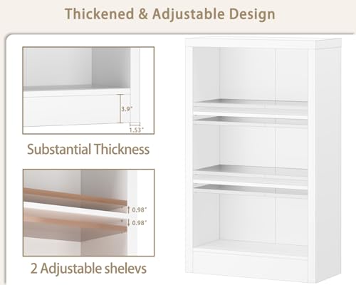 furtble 3 Tier Bookshelf with Thick Open Storage Shelf, 43" Tall Wooden Bookcase with Adjustable Shelves for Living Room, Home Office, Bedroom, White - size: 3-Tier-23.6W