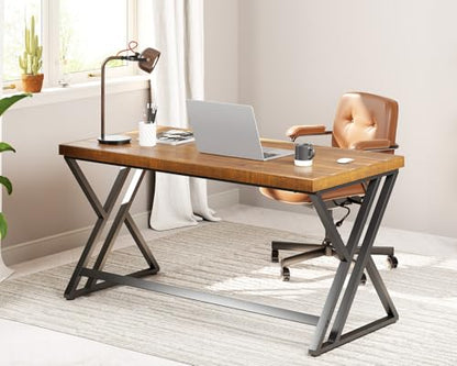 Real Wood Computer Desk, Modern Natural Wood Home Office Desk, Rustic Solid Wood Work Study Writing Desk, Farmhouse Workstation PC Gaming Executive Table for Bedroom, Brown, 47 inch - size: 47 inch
