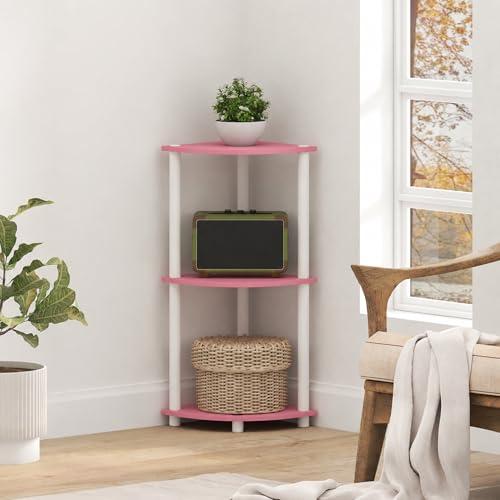 Furinno Turn-N-Tube Toolless Assembly 3-Tier Corner Shelf, Pink Corner Book Shelf, Open Shelves Bookshelf, for Organization and Storage, Living Room, Home Office, Bedroom, Soft Pink - color: Soft Pink/White, size: 3-Tier Corner