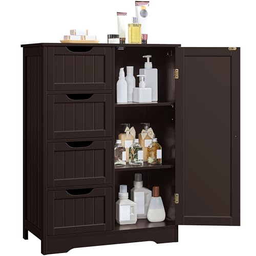 Yaheetech Bathroom Storage Cabinet with 4 Drawers and Door, Espresso | Floor Cabinet Hides Towels and Toiletries in Small Baths, Halls or Living Rooms, Adjustable Shelf, MDF, 26 x 14 x 35.5 in - color: Espresso, size: 26 x 14 x 35.5 In (LxWxH)