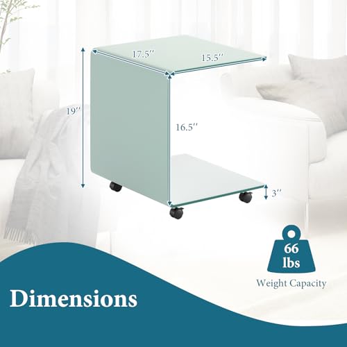 Tangkula Tempered Glass Side Table, Modern C-Shaped Bedside Table Nightstand with Storage Shelf, 4 Lockable Universal Wheels, Rolling Sofa End Table for Living Room Bedroom Office (1, White) - color: White