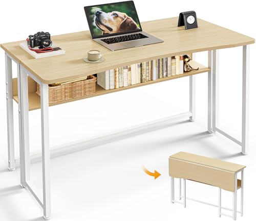 Huuger Folding Desk with Storage Shelf, 39.3 Inch Foldable Computer Table for Small Spaces, Space Saving Sofa Table for Couch, Writing Work Office Computer Desk, Easy to Fold, Oak - color: Oak, size: 18.5"D x 39.4"W