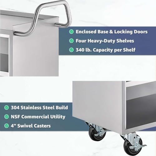 16" x 24" Stainless Steel Utility Cart with Enclosed Base and Locking Doors - 4 Shelf Heavy-Duty 18-Gauge 304 Steel Rolling Cabinet - NSF Commercial Service Cart for Kitchen, Catering, Restaurant - size: 4 Shelf