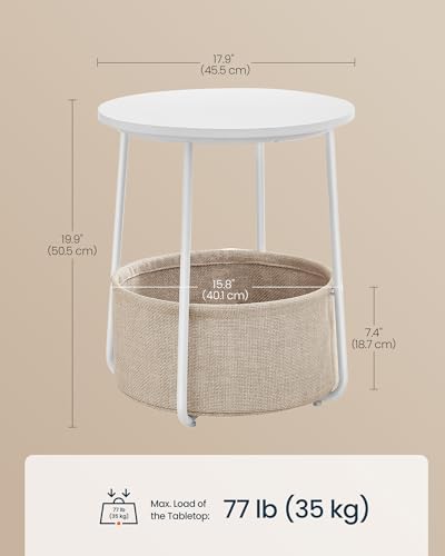 SONGMICS HOME Small Side Tables, Round End Tables, 2 Tier Nightstands with Basket, U Shaped Steel Legs, Easy Assembly, for Living Room, Bedroom, Set of 2, White and Brown - color: White + Brown, size: 2 pack
