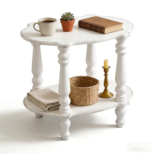 SOFE Elegant Scalloped Small White End Table, 18 Inches Tall Side Table, Farmhouse Wood End Table with Turned Legs for Living Room Bedroom, Rustic Nightstand with 2-Tier Storage for Books Plants Decor
