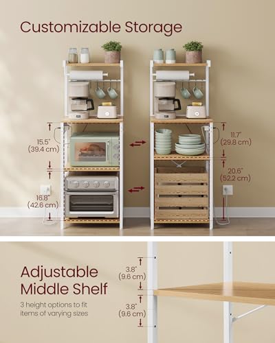 VASAGLE BARNET Collection - Kitchen Bakers Rack with Power Outlet, 17.7-Inch Wide Coffee Bar 4-Tier with 8 S Hooks, Modern Microwave Stand, Adjustable Shelf, Golden Oak and Cloud White UKKS013YA01 - color: Golden Oak + Cloud White, size: 17.7"W