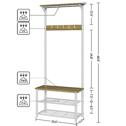 Hall Tree with Bench and Shoe Storage, 3-in-1 Coat Rack Shoe Bench, Freestanding Wooden Coat Rack with Metal Frame, 3-Tier Storage Shelf and 5 Removable Hooks, White - color: 2.white Hall Tree With Top Shelf