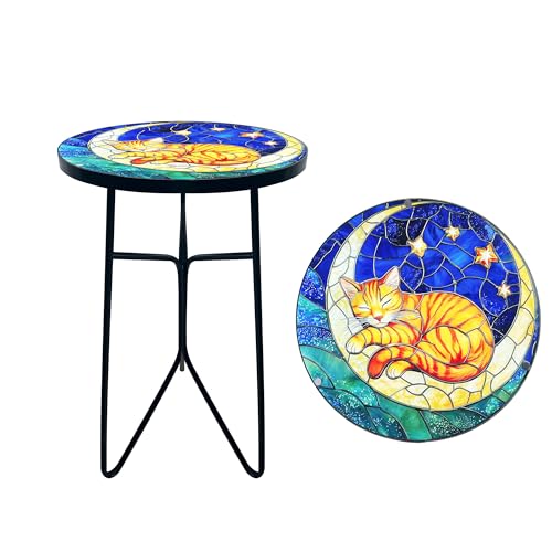 12 Inch Folding Outdoor Side Tea Table,Moon Kitten Small Accent Tables, Plant Tables Indoor,Garden or Living Room Decor Afternoon Tea Dinner Table, Simple Assembly Cast Iron Plant Stand - color: Moon Kitten