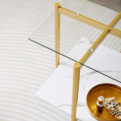 LumFurn Square Glass End Table, Mid-Century Modern Design Sofa Table, for Living Room, L18 x W18 x H23, Clear Glass Top and White Marble MDF Shelf, Sleek Conical Metal Legs with Gold Finish - color: Clear & White Marble, size: L18" Square End Table