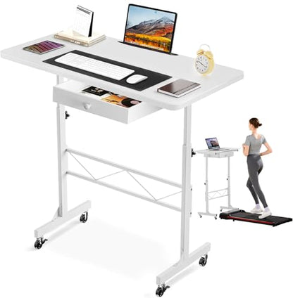 COMHOMA Small Standing Desk Adjustable Height Small Computer Desk Mobile Portable Rolling Laptop Table with Wheels 32" Computer Workstation Sit Stand Desks Portable Standing Table Treadmill desks - color: Carbon Fiber White