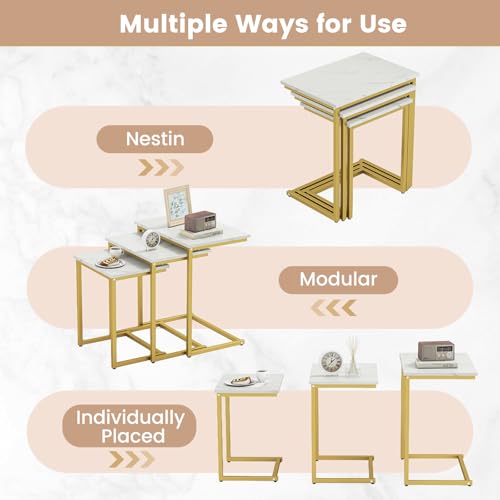 Tangkula Nesting Table Set of 3, Rectangle Stacking Side End Table with Wood Top & Metal Legs, Adjustable Foot Pads, C-shaped Accent Coffee Tables for Small Spaces, Living Room (C-shaped, White, 3-pc) - color: White