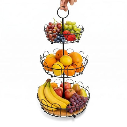HANZE 3-Tier Farmhouse Fruit Basket Stand, Wire Fruit Vegetables Countertop Storage Rack, Multifunctional Detachable Bread Snack Holder Bowl for Kitchen and Bathroom Organization - Black - color: 3-Tier(Black)