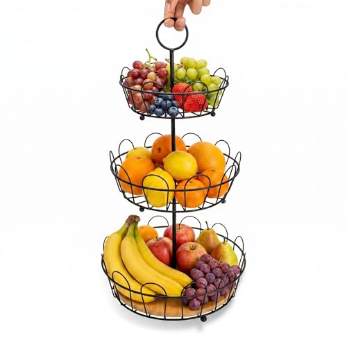 HANZE 3-Tier Farmhouse Fruit Basket Stand, Wire Fruit Vegetables Countertop Storage Rack, Multifunctional Detachable Bread Snack Holder Bowl for Kitchen and Bathroom Organization - Black - color: 3-Tier(Black)