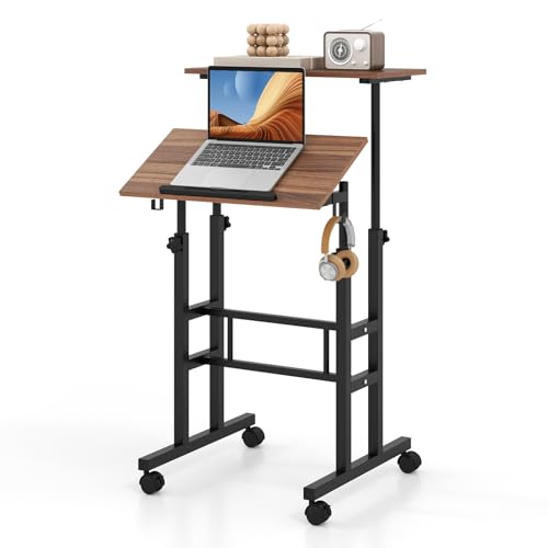 Tangkula Mobile Standing Desk, Height-Adjustable Laptop Podium Cart with Tilting Tabletop & Adjustable Angle, Rolling Stand Up Computer Desk with 2 Hanging Hooks & Lockable Casters for Home Office - color: Brown