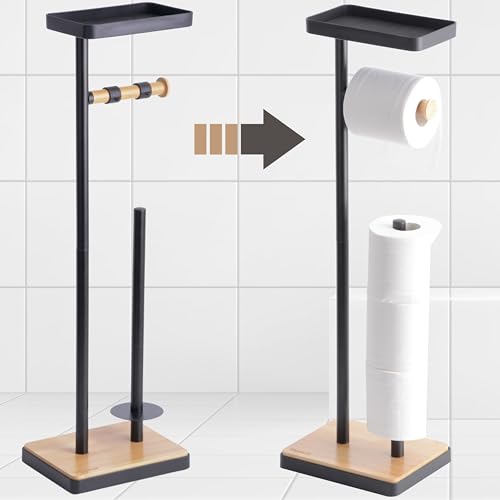 Clasin Home Toilet Paper Holder Stand, Free Standing Toilet Paper Holder with Storage and Top Shelf, Black Toilet Paper Stand Weighted Base with Bamboo Design for Bathroom - color: Black With Bamboo Base