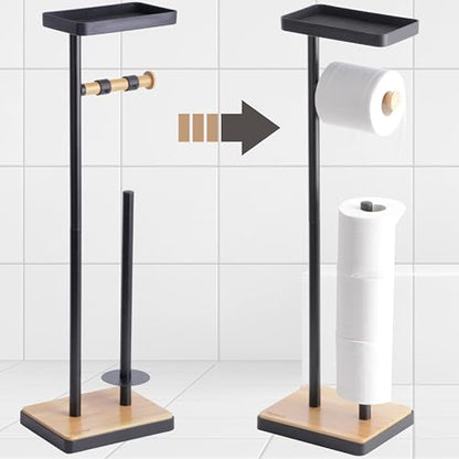 Clasin Home Toilet Paper Holder Stand, Free Standing Toilet Paper Holder with Storage and Top Shelf, Black Toilet Paper Stand Weighted Base with Bamboo Design for Bathroom - color: Black With Bamboo Base