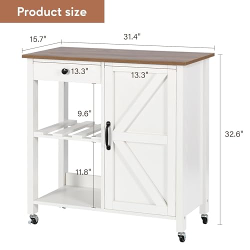 Small Kitchen Island Cart on Wheels with 31.4'' Wood Tabletop, White | Farmhouse Rolling Kitchen Island with Storage, Lockable Wheels, Drawer, Adjustable Shelf and Wine Rack for Dining Room - style: White
