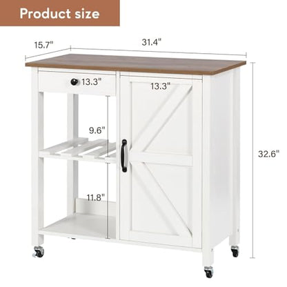 Small Kitchen Island Cart on Wheels with 31.4'' Wood Tabletop, White | Farmhouse Rolling Kitchen Island with Storage, Lockable Wheels, Drawer, Adjustable Shelf and Wine Rack for Dining Room - style: White