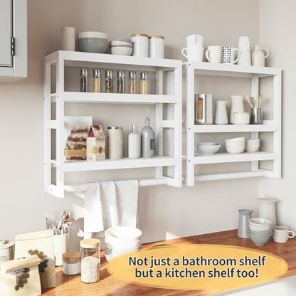 Bathroom Shelves with Hanging Bar Over Toilet Storage - Adjustable Wall Organizer (White) - color: White