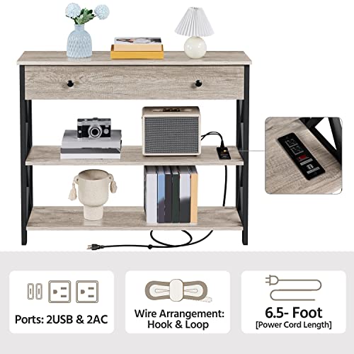 Topeakmart 40 Inch Console Table with 2 Outlets and 2 USB Ports, Extra Long Entryway Table with Drawer and X-Shaped Design, Narrow Sofa Table for Living Room and Hallway Gray - color: Grey, style: with Power Outlet
