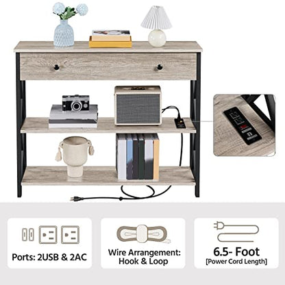 Topeakmart 40 Inch Console Table with 2 Outlets and 2 USB Ports, Extra Long Entryway Table with Drawer and X-Shaped Design, Narrow Sofa Table for Living Room and Hallway Gray - color: Grey, style: with Power Outlet
