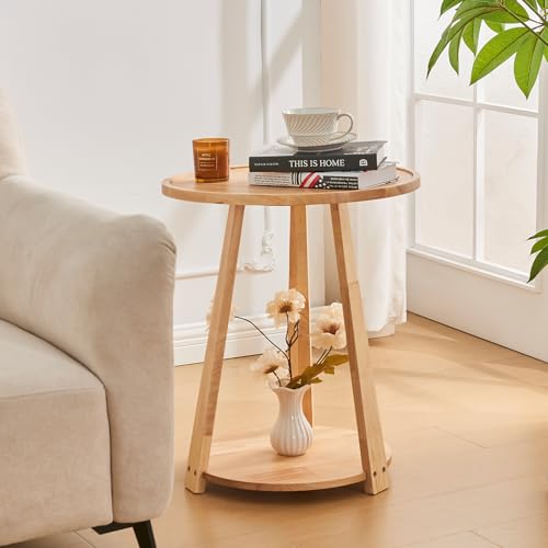Uniclinens Wood Round End Table - Small Round Side Table with Lower Shelf for Living Room Sofa Couch, Bedroom Wooden Nightstand, Walnut - color: Natural, style: Style 7