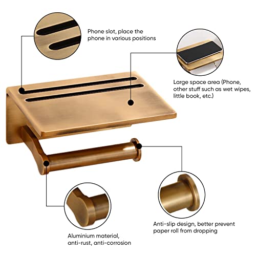 Toilet Paper Holder with Shelf, Aluminum Tissue Roll Dispenser with Mobile Phone Storage Shelf for Bathroom, 3M Self Adhesiv or Wall-Mounted with Screws, Antique Brass - color: Brass Antique