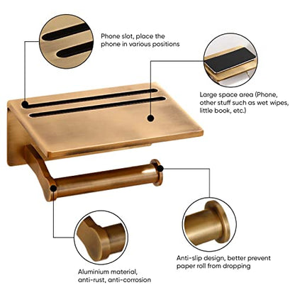 Toilet Paper Holder with Shelf, Aluminum Tissue Roll Dispenser with Mobile Phone Storage Shelf for Bathroom, 3M Self Adhesiv or Wall-Mounted with Screws, Antique Brass - color: Brass Antique