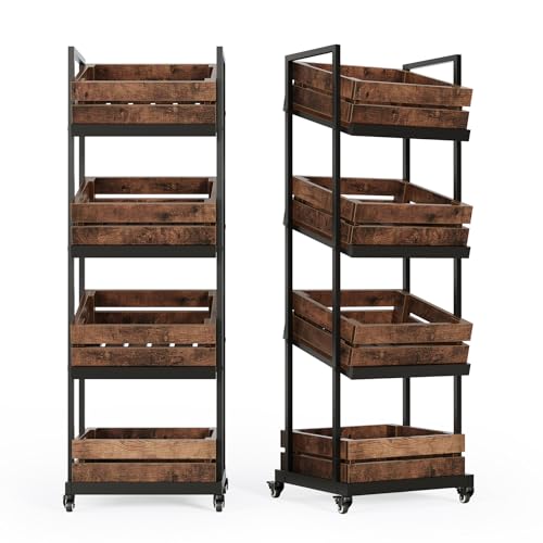 LITTLE TREE 4-Tier Basket Stand with Locked Wheels, Mobile Fruit and Vegetable Storage, Floor Stand Rack, Utility Shelf, for Kitchen, Living Room, Pantry (Rustic Brown, 2) - color: Rustic Brown, size: 4-Tier
