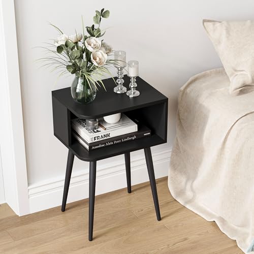 Black Nightstand Set of 2, Small Bed Side Table for Small Spaces, Mid Century Modern Nightstand End Table with Open Storage, Side Table for Bedroom Living Room, MLBZ20B-2 - color: Black