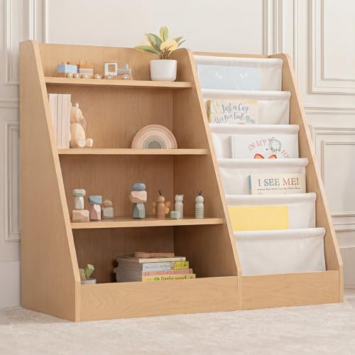 Comfy Cubs Kids Bookshelf 35.2 x 15.7 x 31.5 Inches - Sturdy MDF Montessori Book Shelf with Soft & Hard Shelves for Toys & Books - Child-Friendly, Easy Access Storage Organizer for Kids - Wood - color: Wood