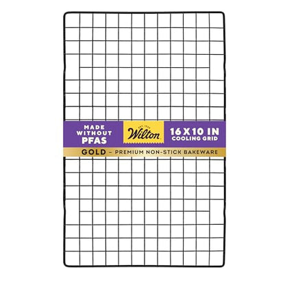 Wilton Gold Non-Stick Cooling Grid, Made Without PFAS, 16 x 10 in. | Non-Stick Steel with Scratch-Resistant Coating, Resists Warping & Extended Handles, Dishwasher Safe, Perfect for Cooling