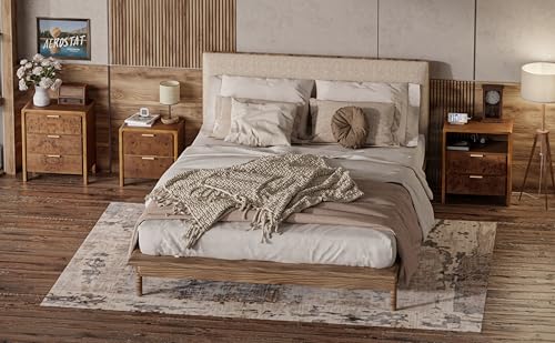 COZAYH Farmhouse Nightstand with 3 Drawer, Distressed Wood Rustic Accent Dresser, Burl Finish Bedside Table for Bedroom, Entryway, Fully Assembled, Brown - color: Dark Brown, size: 3 Drawer-No USB
