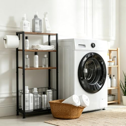 Freestanding Toilet Paper Holder with Storage Wood Shelf Adjustable Feet Bathroom Toilet Paper Stand Holder with Extra Roll Storage Basket Narrow Side Tissue Holder For Bathroom Laundry Room Apartment