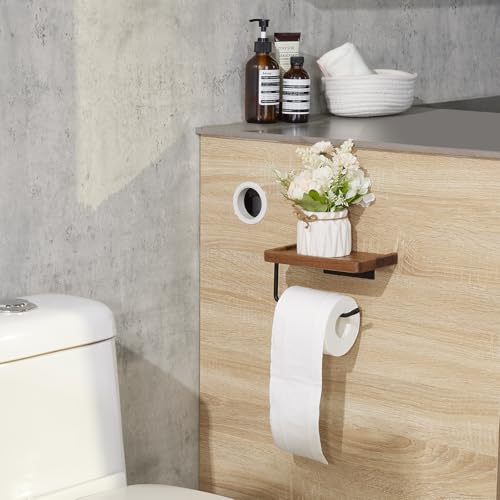Yangbaga Toilet Paper Holder with Shelf: Wall Mount Bathroom Tissue Roll Storage with Adhesive& Screw, Matte Black Aluminum Alloy Bathroom Accessories Wood Shelf for Phone Wipes