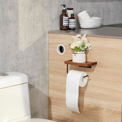 Yangbaga Toilet Paper Holder with Shelf: Wall Mount Bathroom Tissue Roll Storage with Adhesive& Screw, Matte Black Aluminum Alloy Bathroom Accessories Wood Shelf for Phone Wipes