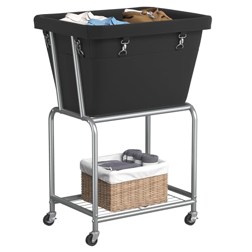 ELYKEN Rolling Laundry Hamper with Wheels, Removable Bag, Laundry Cart | Heavy Duty Metal Frame, 2-Tier Clothes Basket with Shelf, Ideal for Closet, Bedroom, Bathroom & Laundry Room - color: Black, size: 20.3"L x 15.9"W x 30.9"H