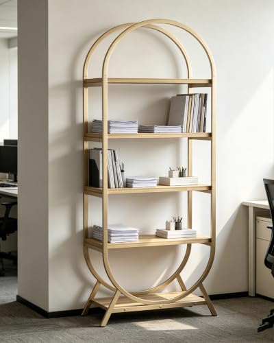 Bookshelf Arched Bookcase, Industrial 5 Tier Open Book Shelves with Metal Frame, 72" Tall Freestanding Display Rack for Home Office, Living Room,Nature Wood and Gold - color: Nature Wood & Gold, size: 5 Tier Arched