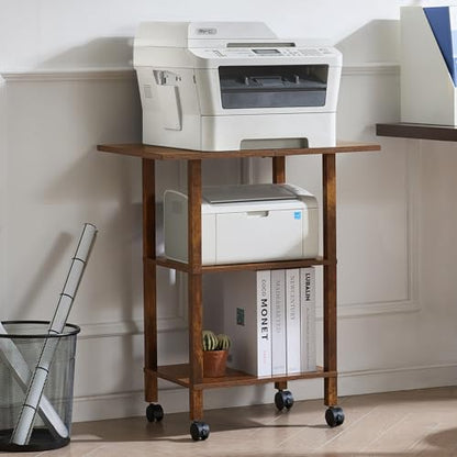 YUFAM 3 Tier Home Printer Stand with Storage, Brown | Wooden Mobile Printer Table Shelf, Rolling Printer Cart Shelf with Lockable Wheels fit Fax Machine, Scanner - color: Brown, size: 15.75"D×23.65"W×25.7"H
